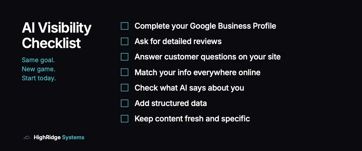 Checklist showing seven actions local businesses can take to improve AI search visibility - AEO Guide for service businesses