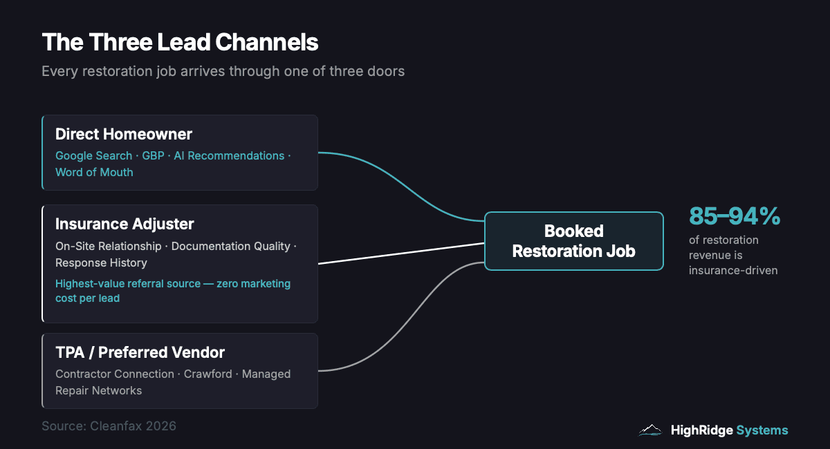 Three lead channels for restoration companies: direct homeowner calls through Google and AI search, insurance adjuster referrals through relationship and documentation quality, and TPA preferred vendor programs. 85-94% of restoration revenue is insurance-driven.