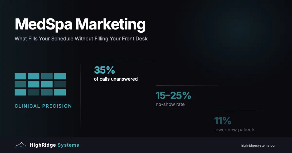 MedSpa Marketing guide header showing operational metrics — 35 percent of calls unanswered, 15 to 25 percent no-show rate — illustrating the gap between clinical quality and business systems. HighRidge Systems.